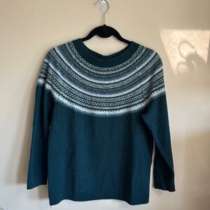 J. Jill White and Blue Crew Neck Sweater with Nordic Pattern